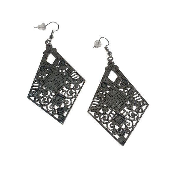 Silver Tone Filigree Dangle Earrings Blue Accents Geometric Boho Beach Core - Picture 4 of 4